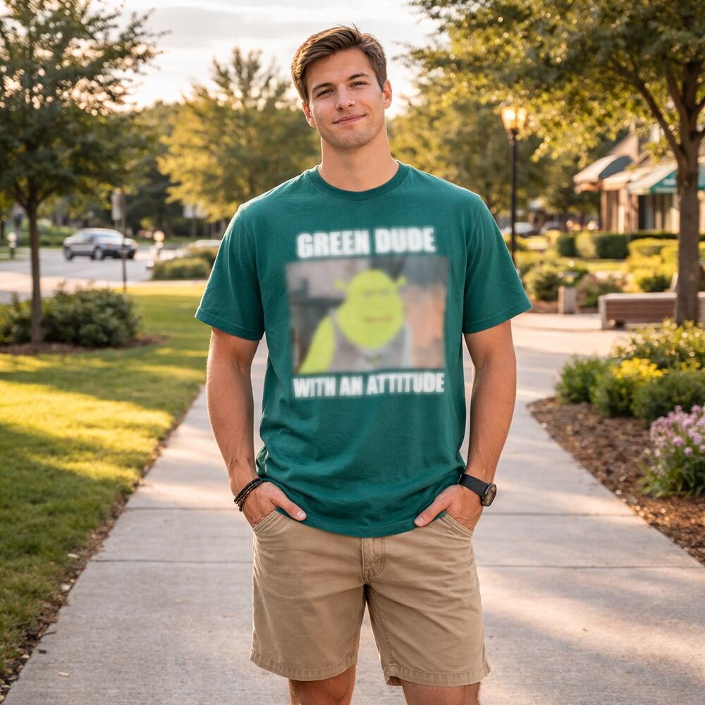 C22 Shrek Men’s Graphic T-Shirt Green “Dude with an Attitude” Casual M